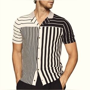 Reiss Orso Striped Cuban Collar Knit Shirt / Black & Tan / M